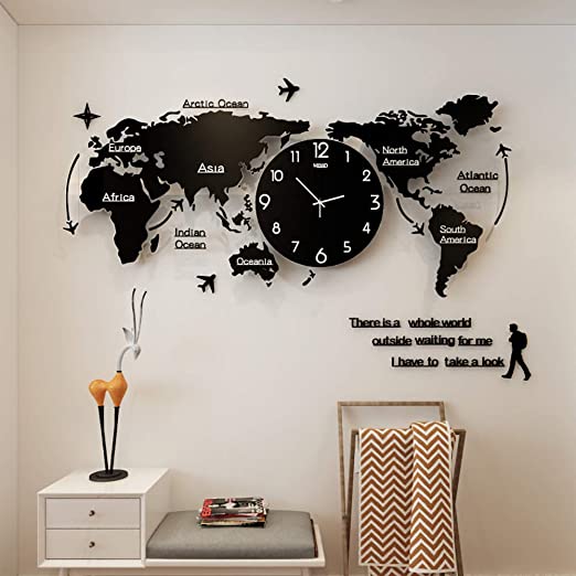 Large 3D World Map DIY Wooden Wall Clock - Customizable & Elegant Home Deco