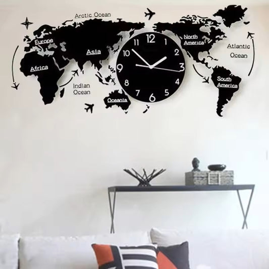 Large 3D World Map DIY Wooden Wall Clock - Customizable & Elegant Home Deco